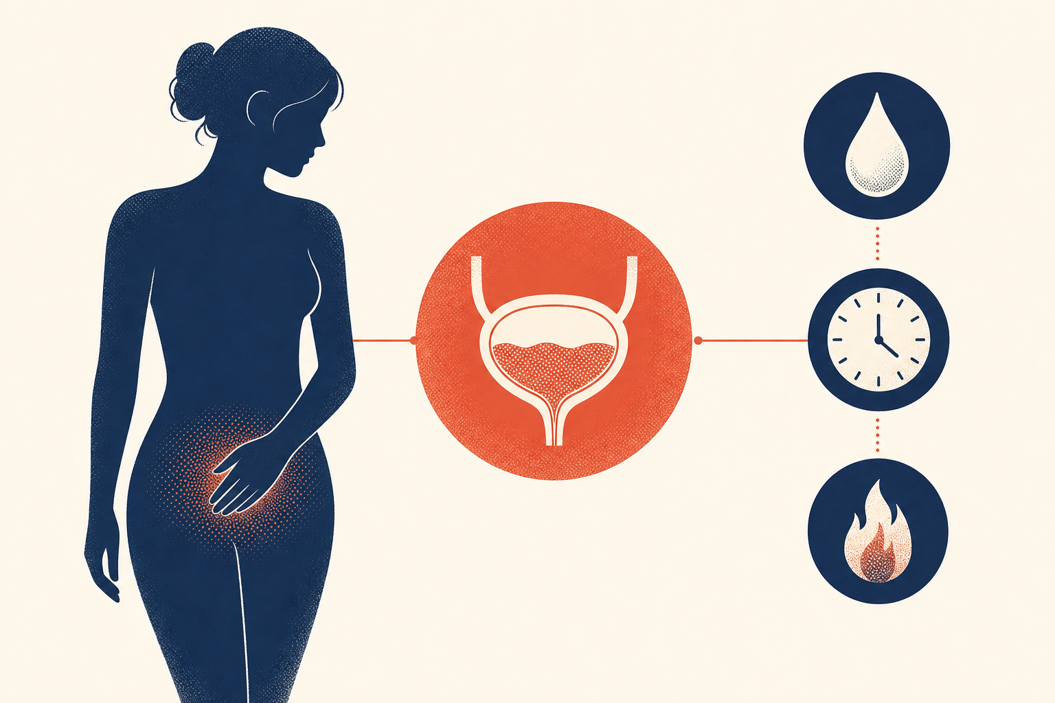 Editorial medical illustration representing UTI symptoms in women