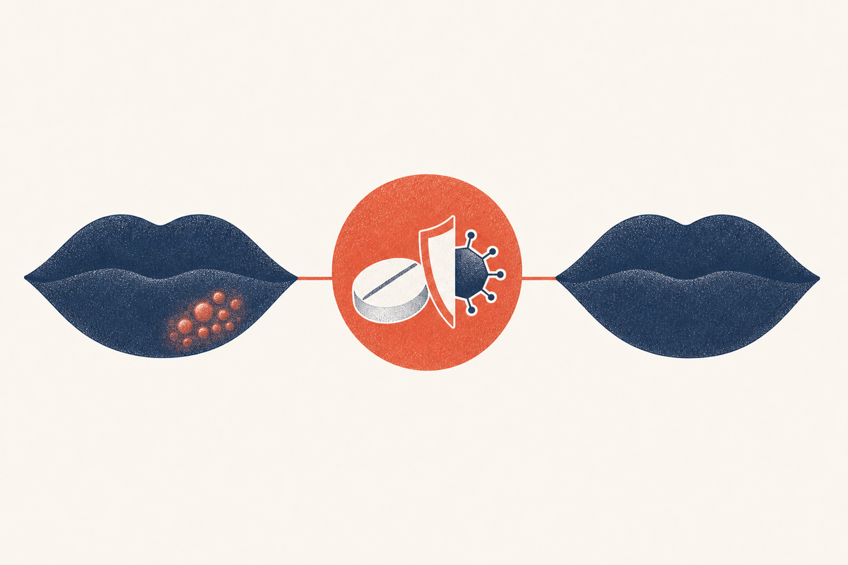 Editorial medical illustration representing valacyclovir (Valtrex) treatment for cold sores