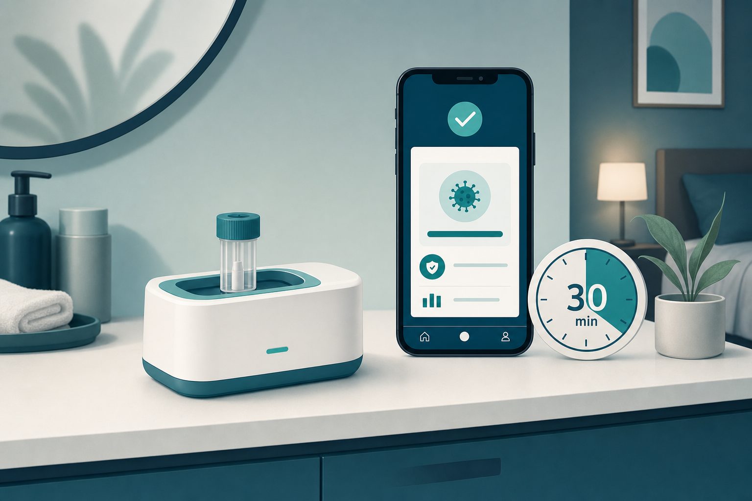 Visby palm-sized at-home PCR testing device next to a smartphone showing test results in a private bathroom setting