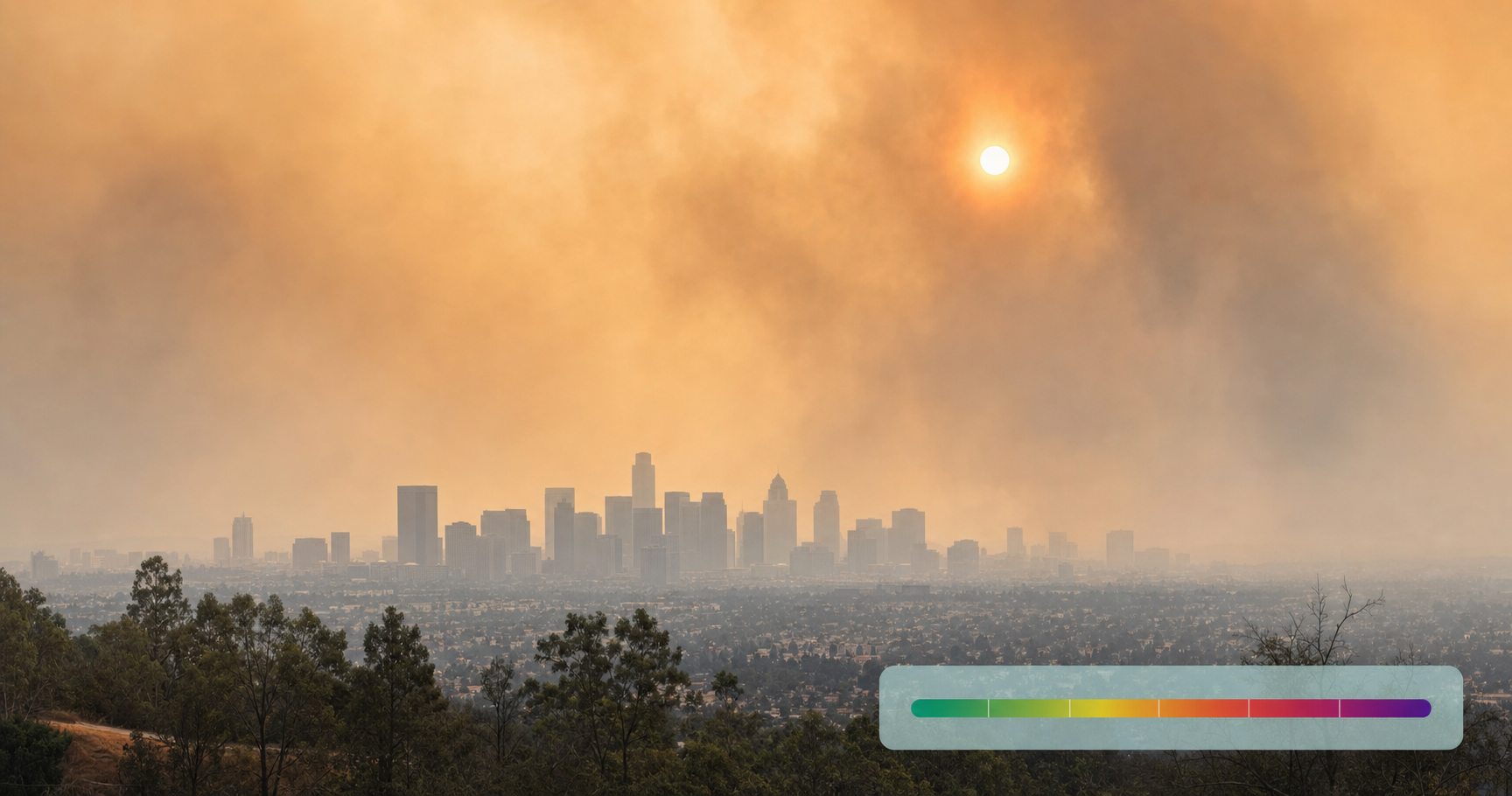 Editorial illustration of thick wildfire smoke over a distant city skyline with an air quality index color scale