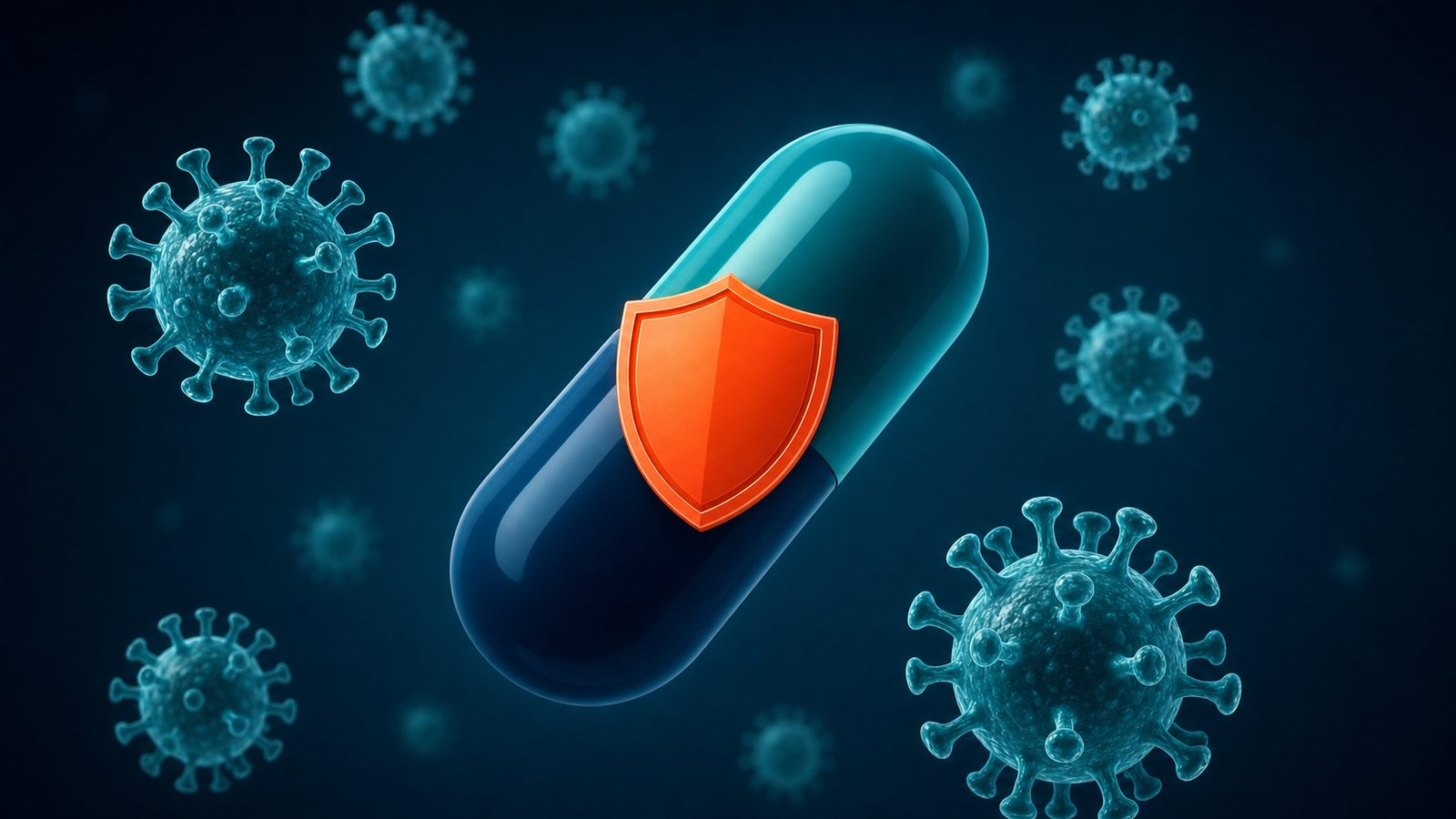 Stylized antiviral capsule with protective shield icon surrounded by SARS-CoV-2 virus particles, representing COVID-19 post-exposure prophylaxis