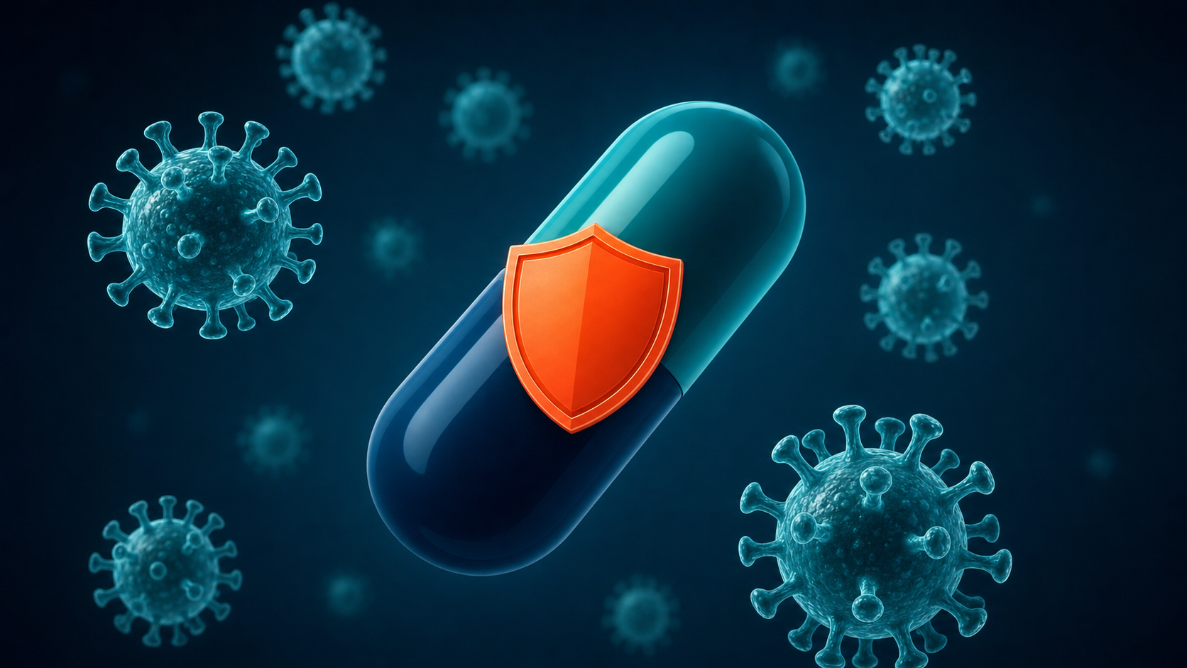 Stylized antiviral capsule with protective shield icon surrounded by SARS-CoV-2 virus particles, representing COVID-19 post-exposure prophylaxis