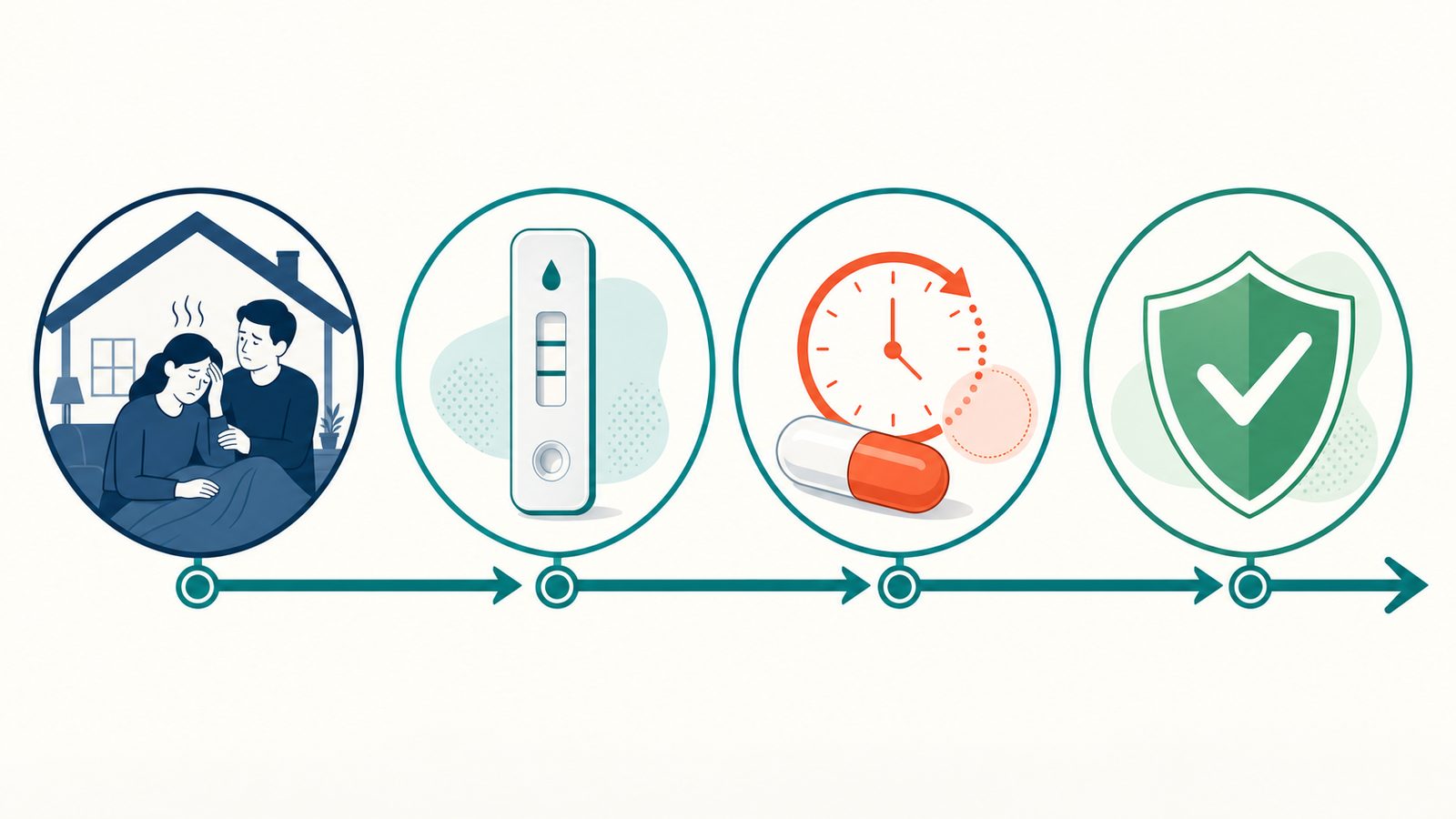 Clinical timeline showing: household exposure to symptomatic COVID-19 case → rapid antigen testing → Xocova initiated within 72 hours → COVID-19 prevention outcome