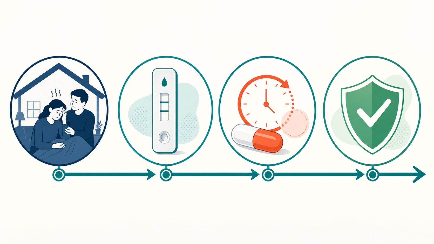 Clinical timeline showing: household exposure to symptomatic COVID-19 case → rapid antigen testing → Xocova initiated within 72 hours → COVID-19 prevention outcome